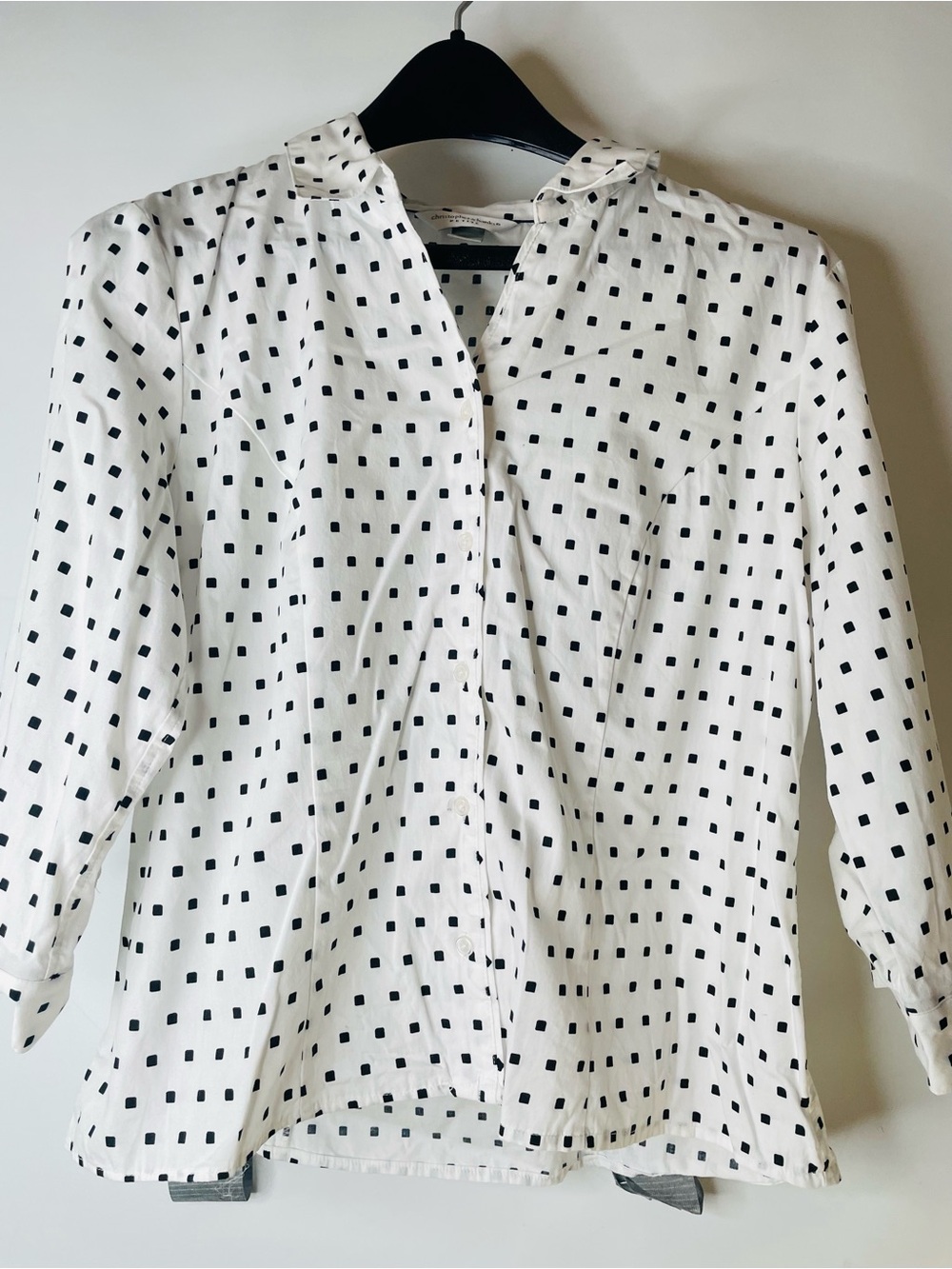 Christopher & Banks White Button-Up Blouse with Black Square Print